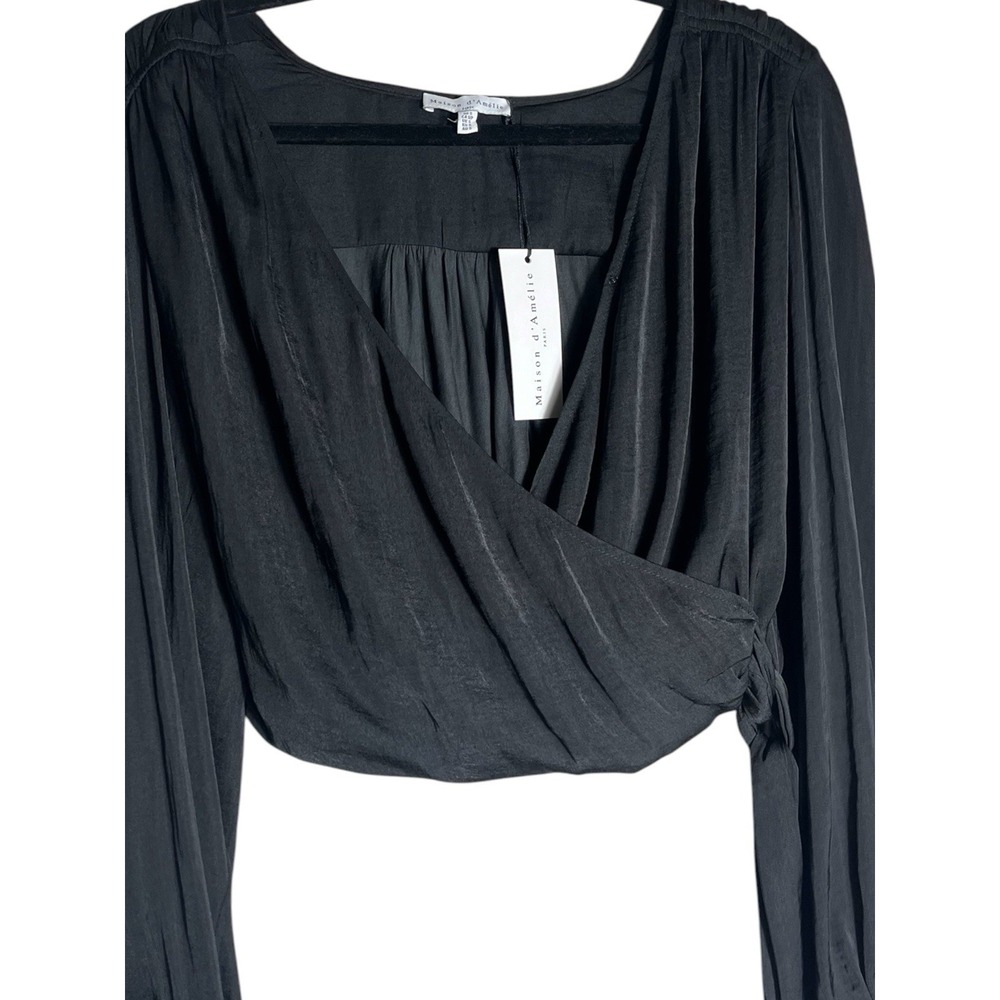 Maison d'Amélie Black Wrap Crop Top Womens S Long Sleeve NWT - Picture 3 of 4